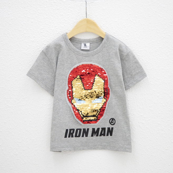 더블유 마블 아동용 통기성 아이언맨 어벤져스 반전 스팽글 반팔 티셔츠