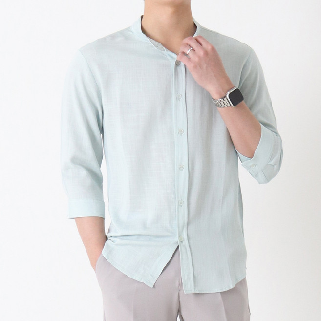 지지블랙 남성용 통기성 루피 헨리넥 쿨 린넨 7부 차이나 남방 셔츠