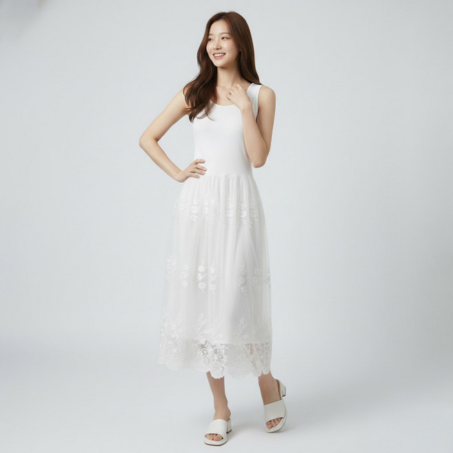 Paperments Bijourin 層次感內搭蕾絲無袖連身裙 14058, 白色