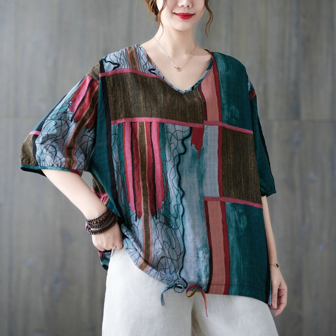 아이엠몽 여성용 라타 프린팅 브이넥 블라우스