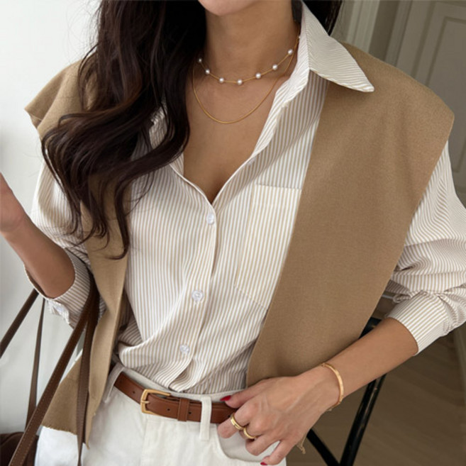 난닝구 여성용 무후스 니트숄 + 스트라이프 셔츠 세트