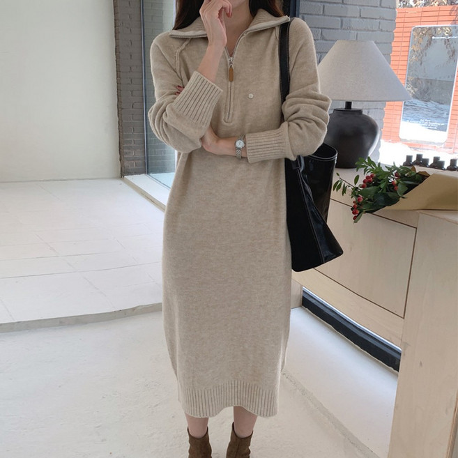 타니즈 여성용 푸디 하이넥 반집업 니트 롱원피스