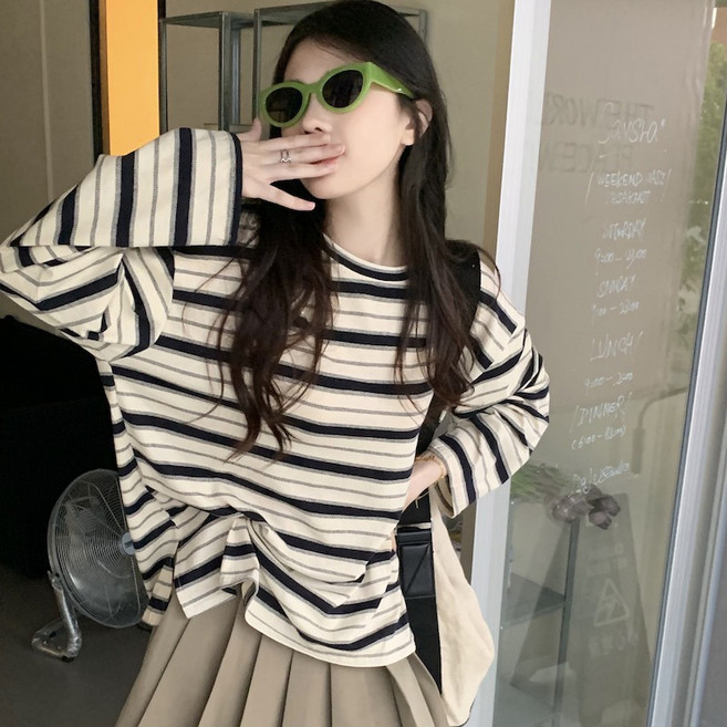 디멜디 여성용 스트라이프 오버핏 봄 긴팔 티셔츠