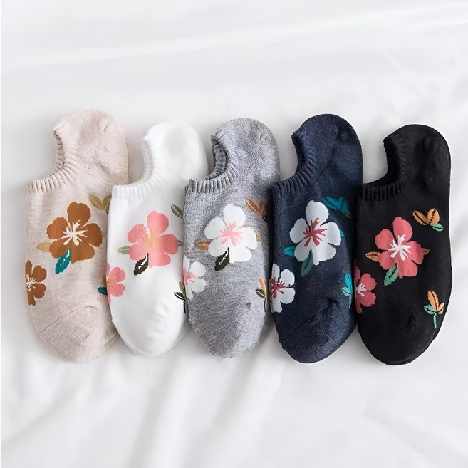 워더미 여성용 빅플라워 포인트 덧신 페이크삭스 5켤레 세트 W511