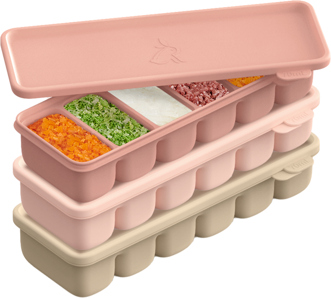 AttiRabbit 輕鬆取矽膠分裝盒 6格 嬰兒副食品冷凍盒, 420ml, 1組, Art Pink+Art Rose+Pudding Beige