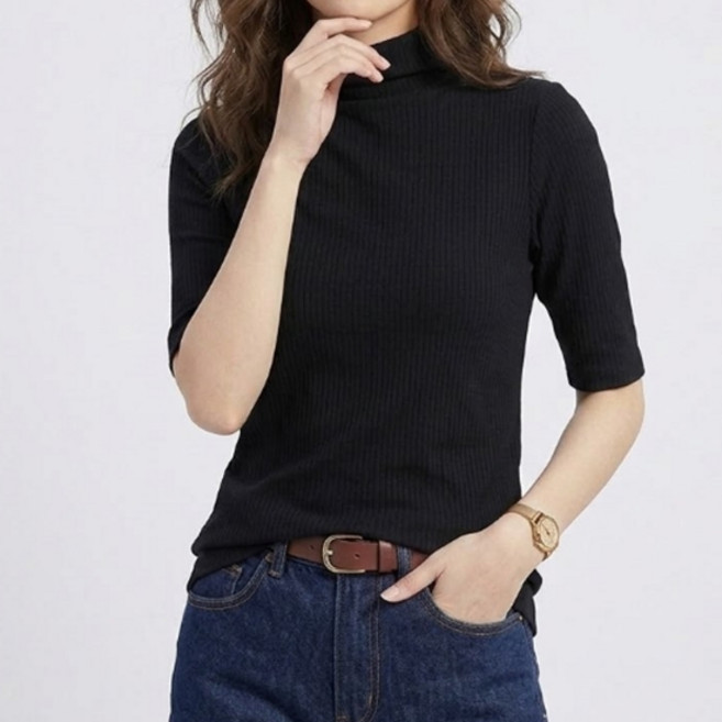 소니오 여성용 골지 하이넥 반팔 니트