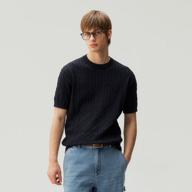 마인드브릿지 남성용 린넨라이크 케이블 세미오버핏 반팔니트 MZKT31A2