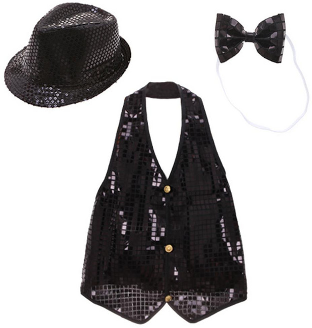 LivingDA 亮片帽 + 亮片背心 M + 領結 套組, 黑色的, 1組