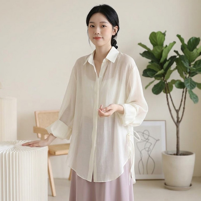 MarketA 女款防曬層次感涼感薄款翻領襯衫 M263-0618