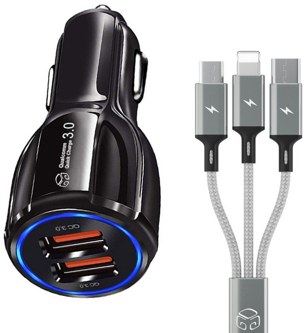 디지지 차량용 35W 2포트 고속 충전기 + 스카이 메타 3 in 1 멀티 충전 케이블 70cm, 블랙(충전기), 메탈실버(충전 케이블), 충전기(D21-0809), 충전 케이블(DGG-530)