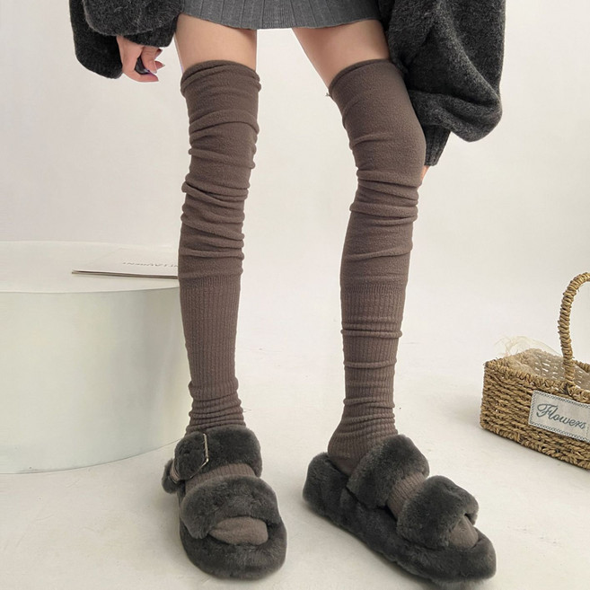 더시럽 여성용 주름 레이어드디자인 기모 오버 니삭스