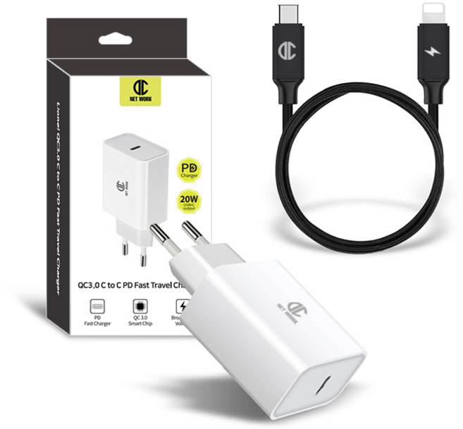 DC NET WORK LIONEL PD USB C型 20W 快速充電器 + USB C to 8-pin Lightning iPhone PD 快速充電線 1.2m 套組, 1套, 白色(充電器), 黑色(充電線)