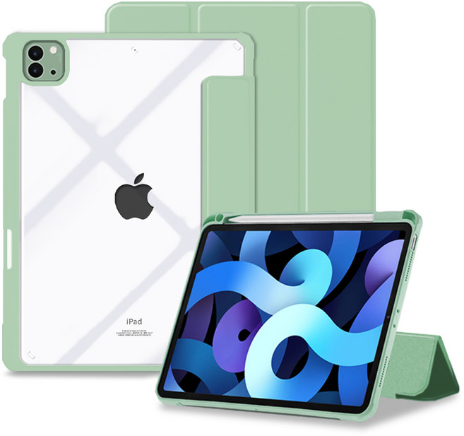 아이엠듀 아이패드 애플펜슬 수납 클리어 스마트커버 분리형 케이스, 베릴그린