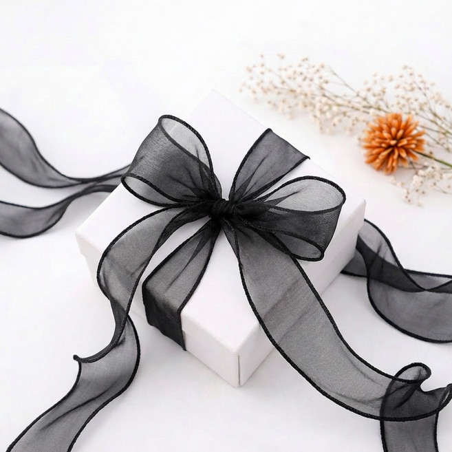리드홈 오간디 레이스 쉬폰 망사 선물 포장 리본끈 40mm, 블랙, 1개, 9m