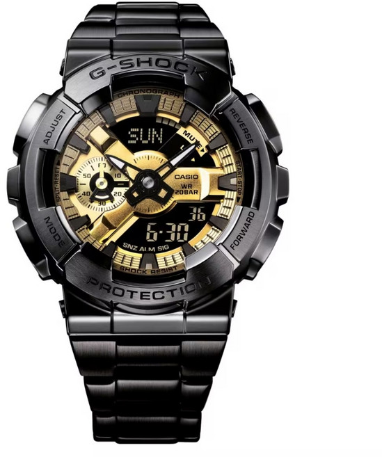 CASIO 卡西歐 G-SHOCK 人氣雙顯 風貌升級 玩酷黑金 金屬錶圈錶帶 GM-110BD-1A9 48.8mm