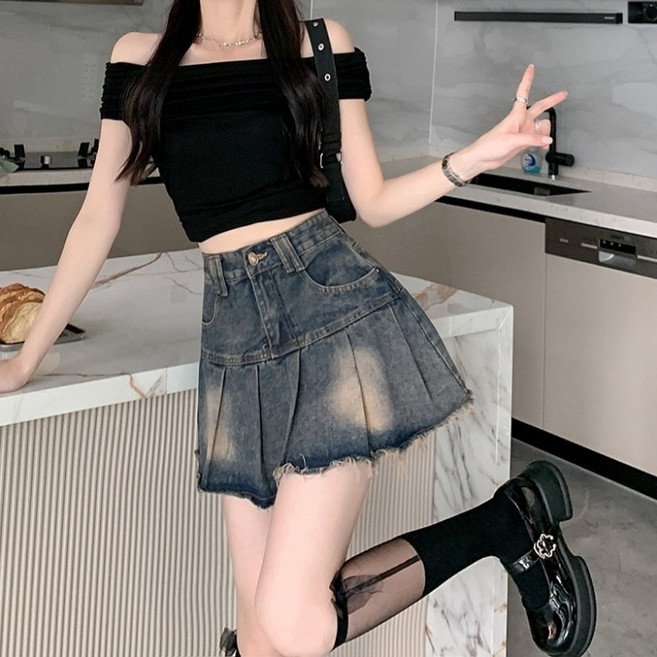 I'M MONG 女款基本版型高腰百褶牛仔迷你裙 R6H174