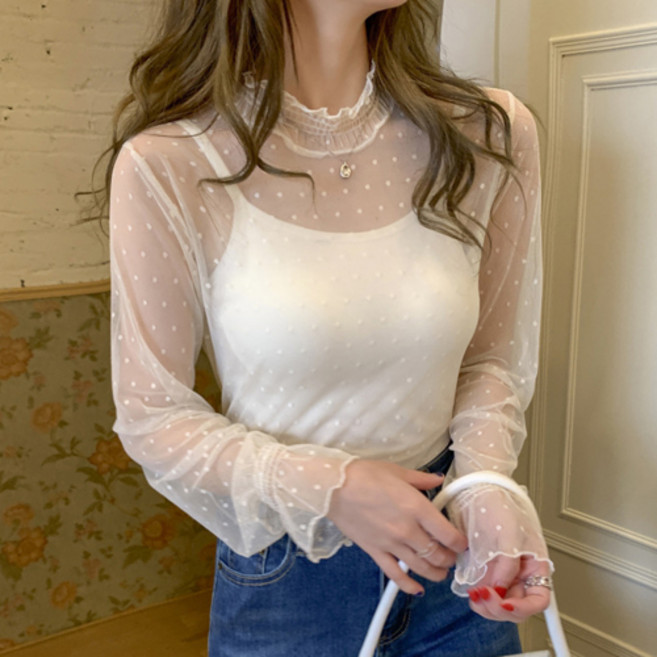 더플로우커머스 여성용 시스루 프렌치 무드 레이스 티셔츠