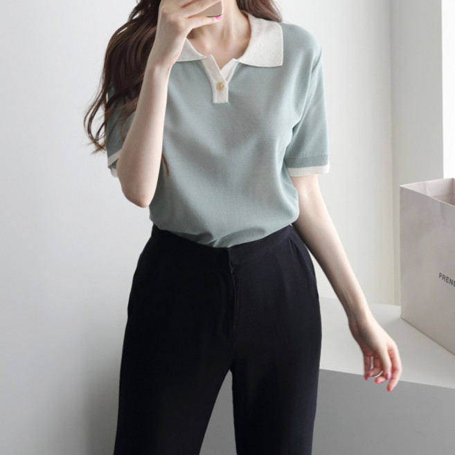 JENIT 女款翻領拼色鈕扣短袖針織衫