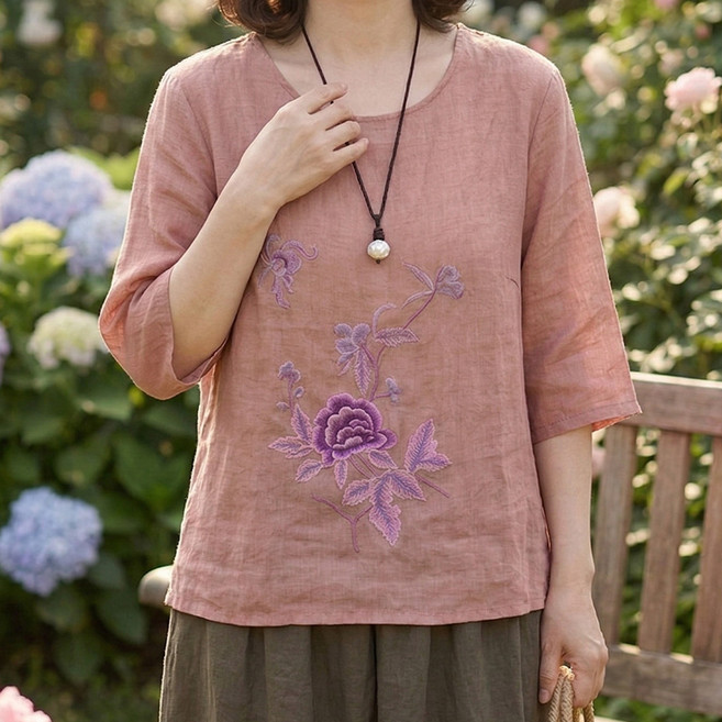 INFIOUS 中年花朵刺繡透氣夏季襯衫 I263-0148