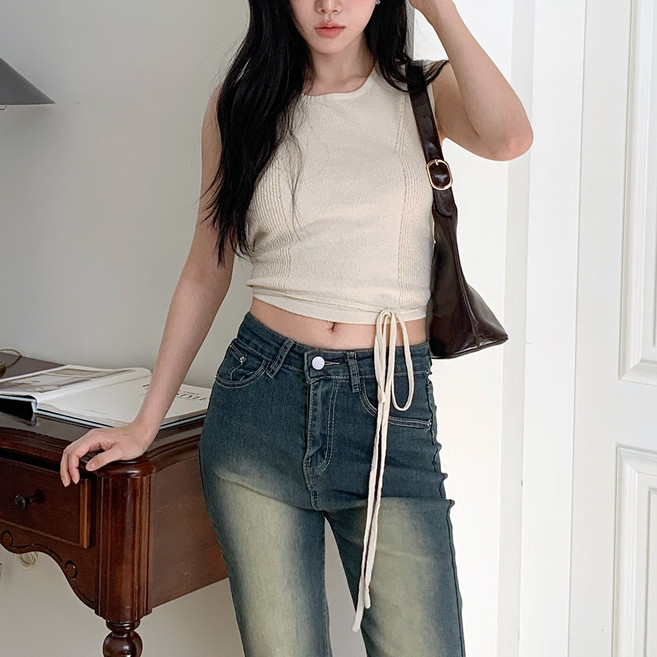 時尚黑 女款 Cherizen 圓領獨特剪裁後綁帶無袖T恤 cpns1027k43