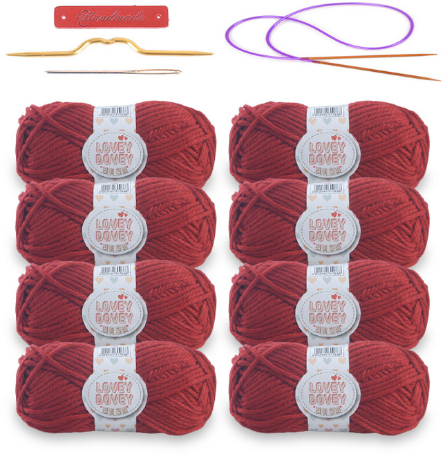 미소털실 러비더비 뜨개실 8p + 바늘 패키지 세트, 20 와인(실), 랜덤발송(가죽라벨), 1개