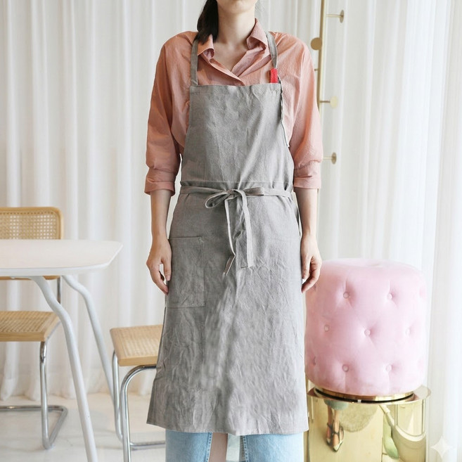 다퍼남 롱 코튼 린넨 앞치마, 연 그레이, 1개