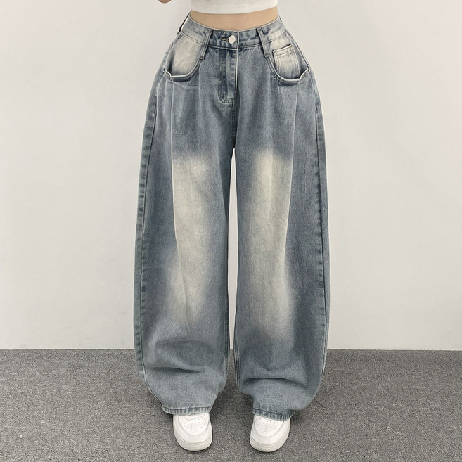 위드후이린 여성용 포포 앞 핀턱 빈티지 워싱 와이드 데님 청 바지 롱