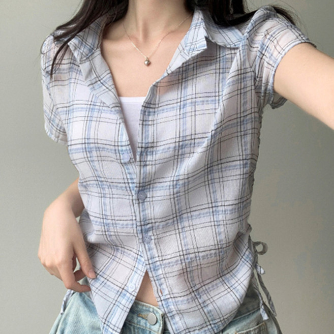 아이캔심플 여성용 허리셔링 체크 슬림핏 반팔 셔츠