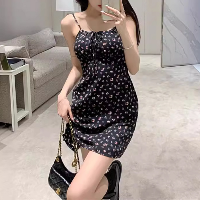피어니스트 플라워 슬리밍 끈나시 미니 원피스