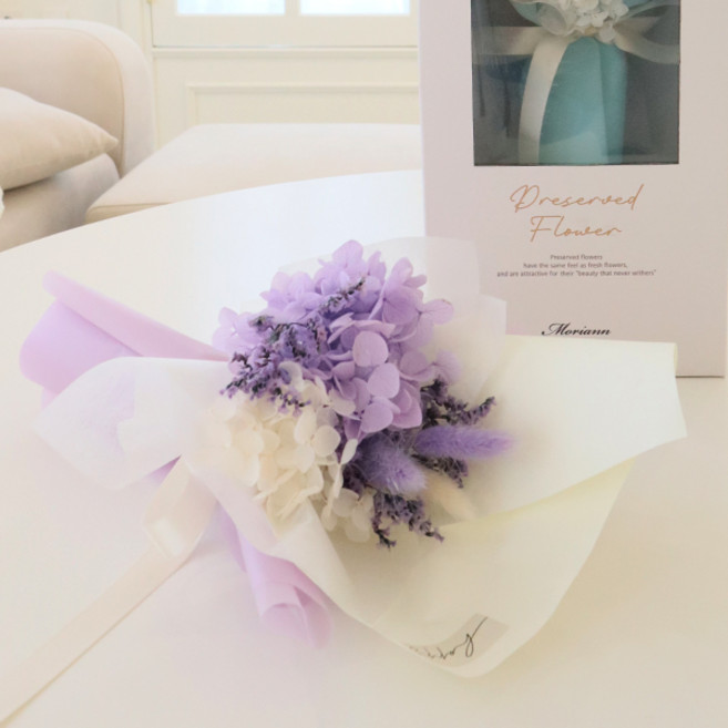 모리앤 생화 수국 프리저브드 조명 꽃다발 + 기프트박스 세트, 러블리퍼플, 1개