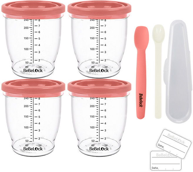베베락 엘파 밀폐 이유식 용기 4p + 실리콘 스푼 1단계 + PP 스푼 세트, 240ml, 피치핑크, 1세트