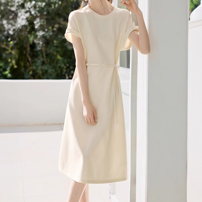 Paperments 摩登簡約腰帶日常連身裙 10676 含大尺碼, 象牙白
