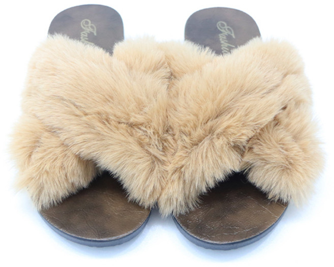 여성용 부드러운 크로스 털 뮬 슬리퍼