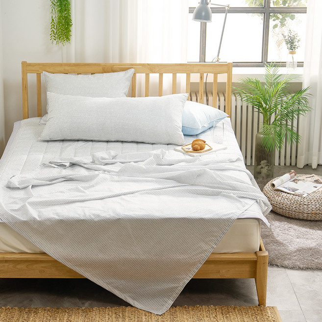 지베딩 스트라이프 듀라론 냉감 홑이불 + 패드 + 베개 세트