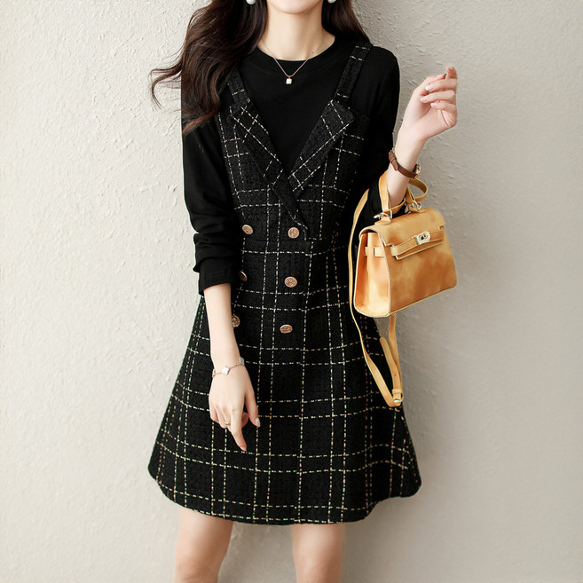 Paperments 假兩件格紋OL風秋冬連身裙 11623, 黑色