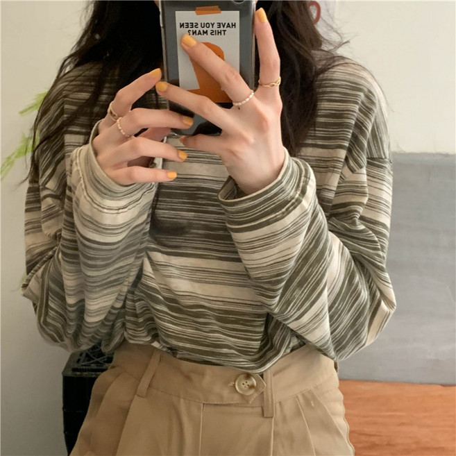 디멜디 여성용 줄무늬 오버핏 봄 긴팔 티셔츠