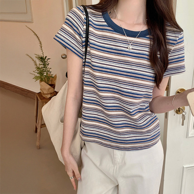 어썸풀 여성용 페타미치 스트라이프 배색 라운드넥 반팔 티셔츠 A26SMT032310