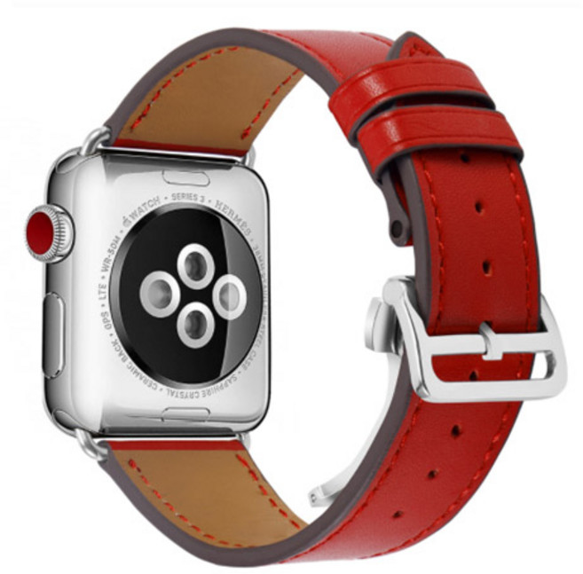 4YOU Apple Watch 3/4/5/6/7/SE 蝴蝶扣皮革錶帶 (相容38/40/41mm), 紅色, 1個