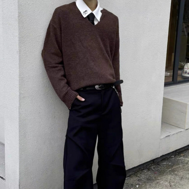 인피어스 남성용 브이넥 캐주얼 레이지 니트 I263-0043BR