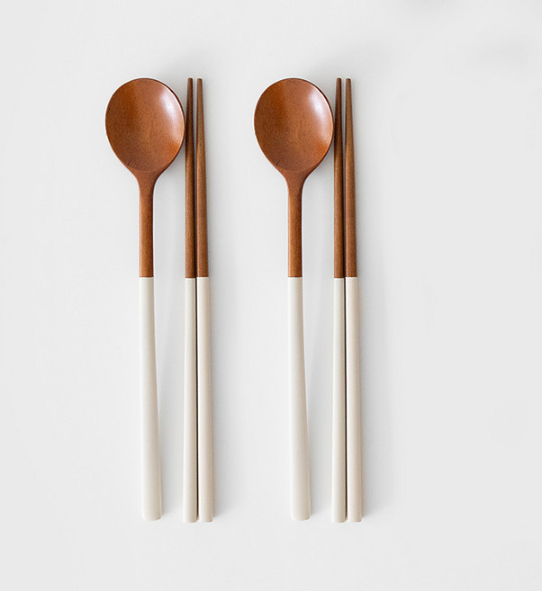 니코트 우드 라운드 수저 2인 세트, 아이보리, 숟가락 2종 + 젓가락 2종, 1세트