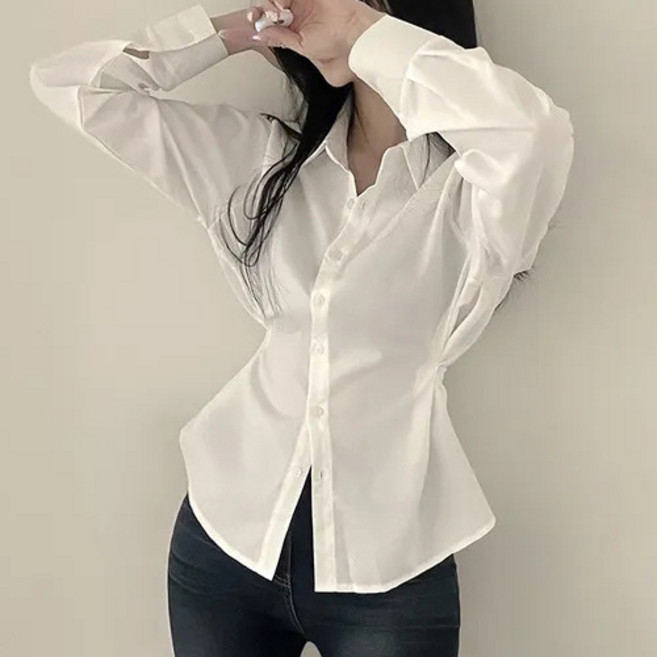 더플로우커머스 여성용 페미닌 무드 허리라인 포인트 슬림 셔츠