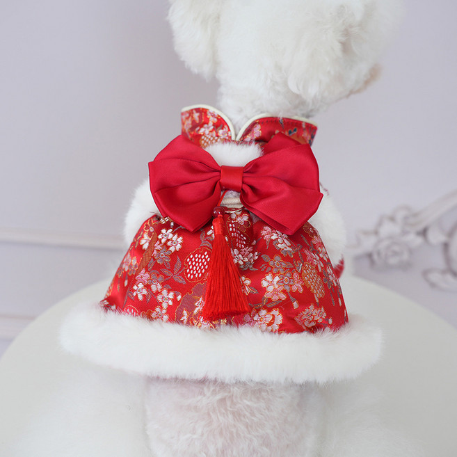 웨이비데이즈 반려동물 리본 동양풍 명절 자수 펫 원피스, 레드, 1개