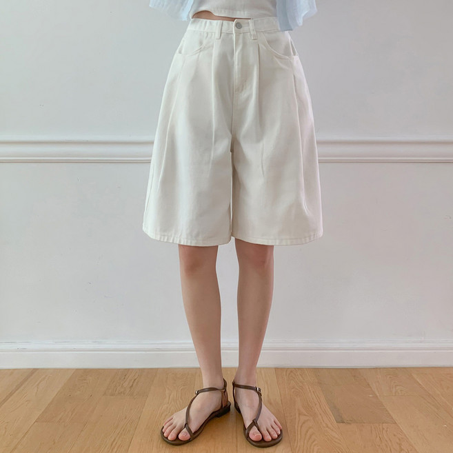 플랜데이 여성용 숏/미디움 기장 에튼 핀턱 버뮤다 코튼팬츠