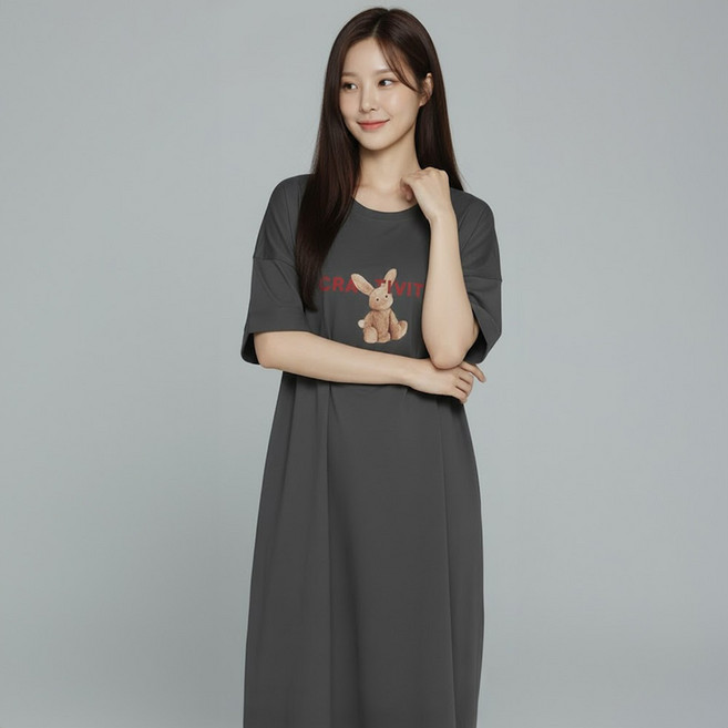MEICHEL Cre 兔子印花寬鬆連身裙 12299, 深灰色