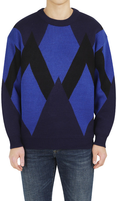 다꾸앙 남성용 오버핏 라떼아가일 라운드넥 긴팔 니트 E09K8_tn4403