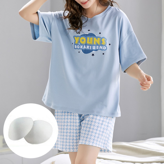2'nd Pink 女款涼感免穿內衣內置胸墊精美圖案休閒居家服上下套裝