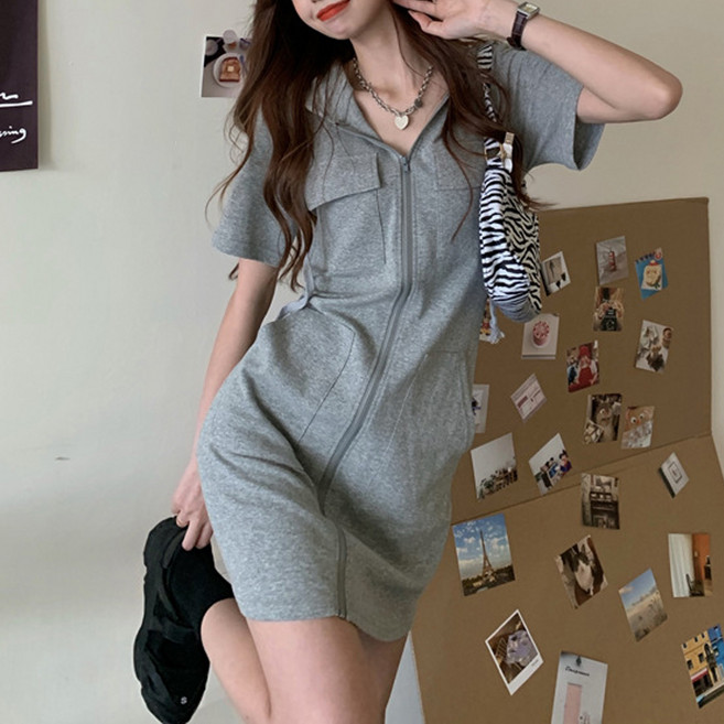 더시럽 여성용 카고 집업 후디 미니 원피스