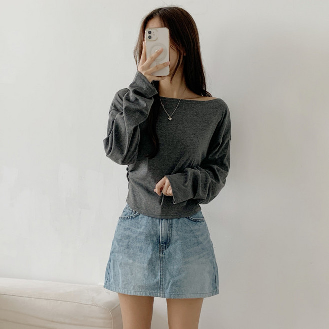 라라온 여성용 보트넥 여리핏 셔링 긴팔 티셔츠 25TSP3464