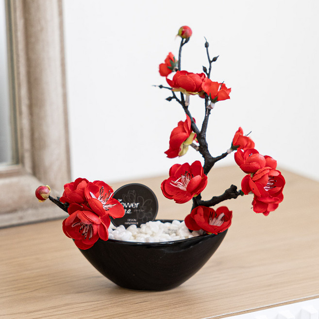 플라워트리 조화 봄날 매화 한조각 화분 세트 18 x 18 cm, 레드, 1개