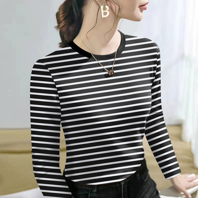 디멜디 여성용 배색 라운드넥 이너 스트라이프 긴팔 티셔츠